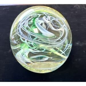 Joe Rice Engraved Cut Hand Blown Green And White Swirl Paperweight Ball Decor